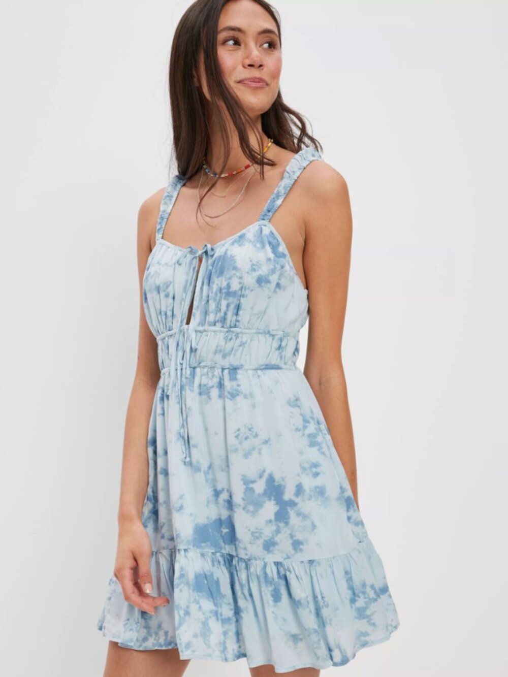 American Eagle Silky Tie-Front Mini Dress in Blue